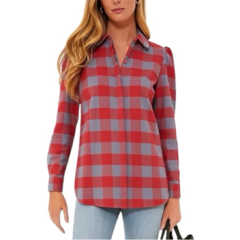 Tuckernuck Saranac Red Gray Plaid Print Puff Shoulder Button Down Blouse  - S